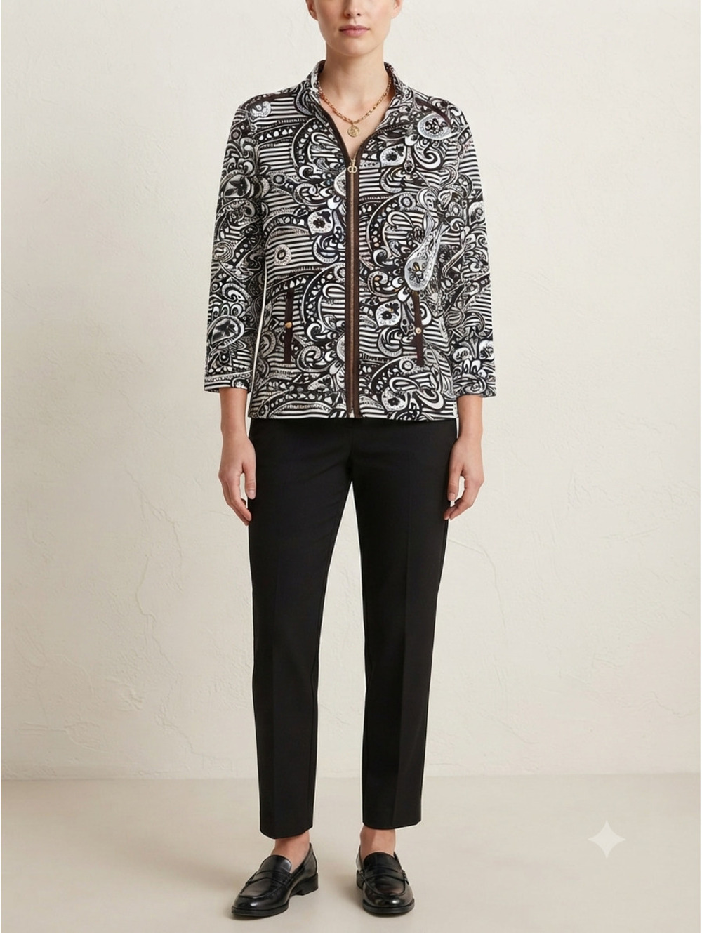 Jones New York Signature Black and White Paisley Zip-Up Jacket